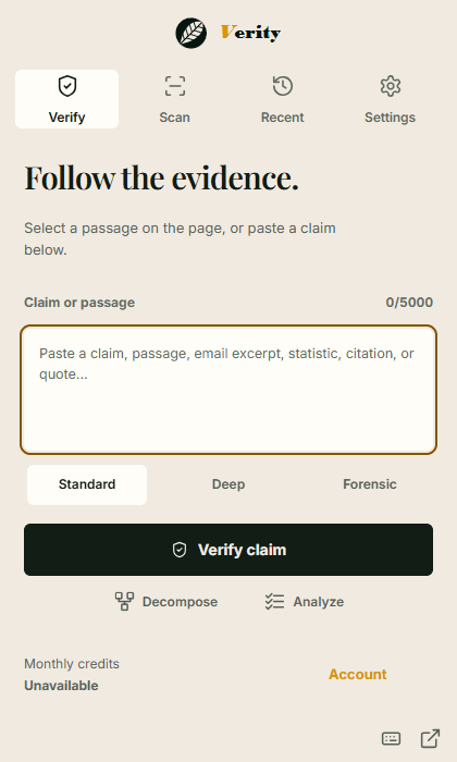 Verity Verify tab with a claim field and Standard, Deep, and Forensic review options