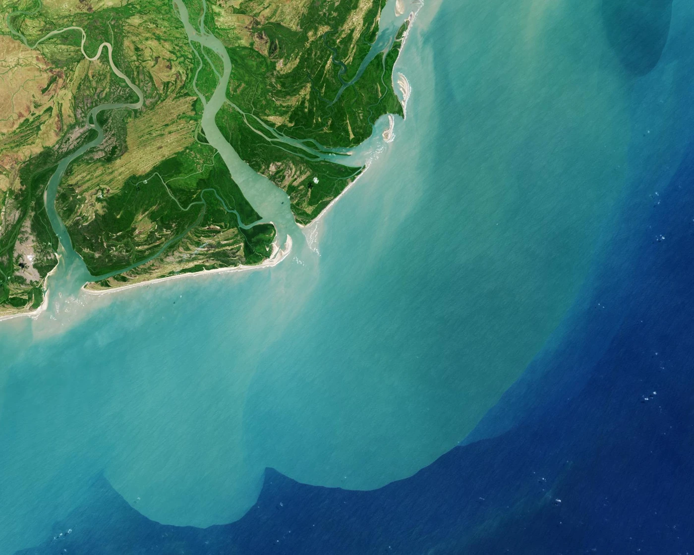 Sandbars and sediment extending from the Zambezi Delta into the Indian Ocean.