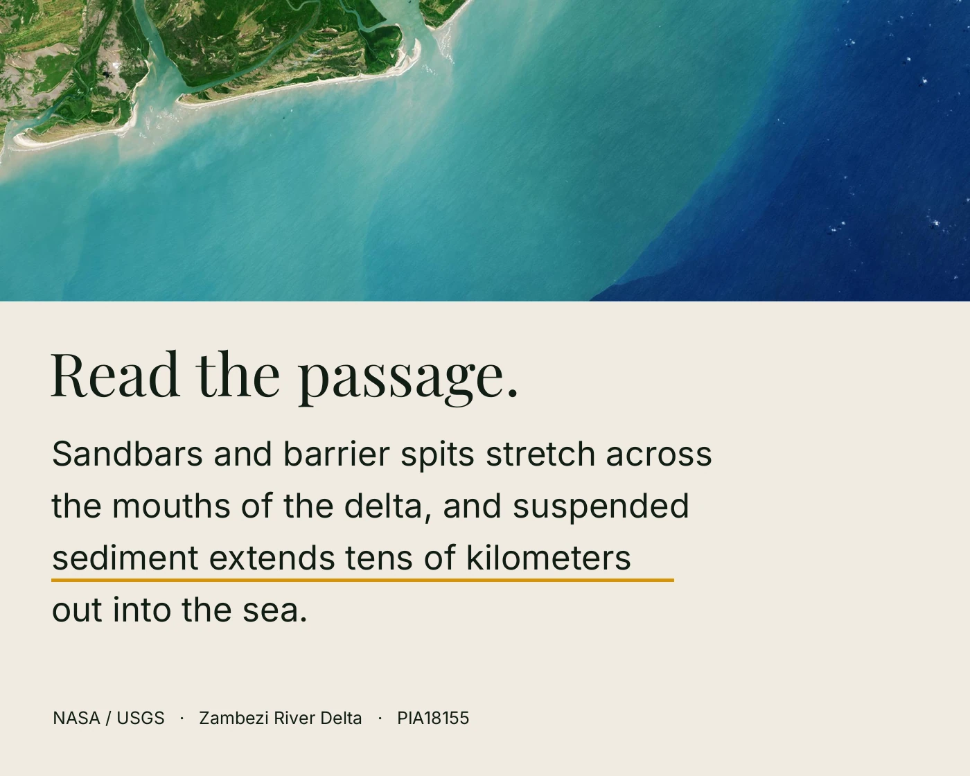 A NASA source passage about suspended sediment, with the relevant words underlined.