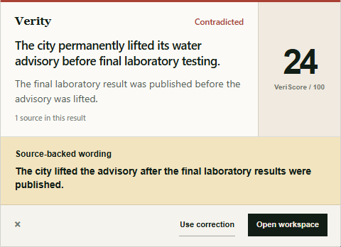 Source-backed correction in the Verity extension