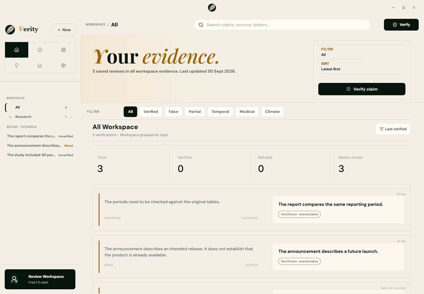 Verity in Electron, with its desktop sidebar and saved review cards