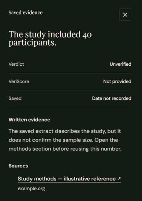 Example saved review with an unverified verdict, written evidence and a source reference