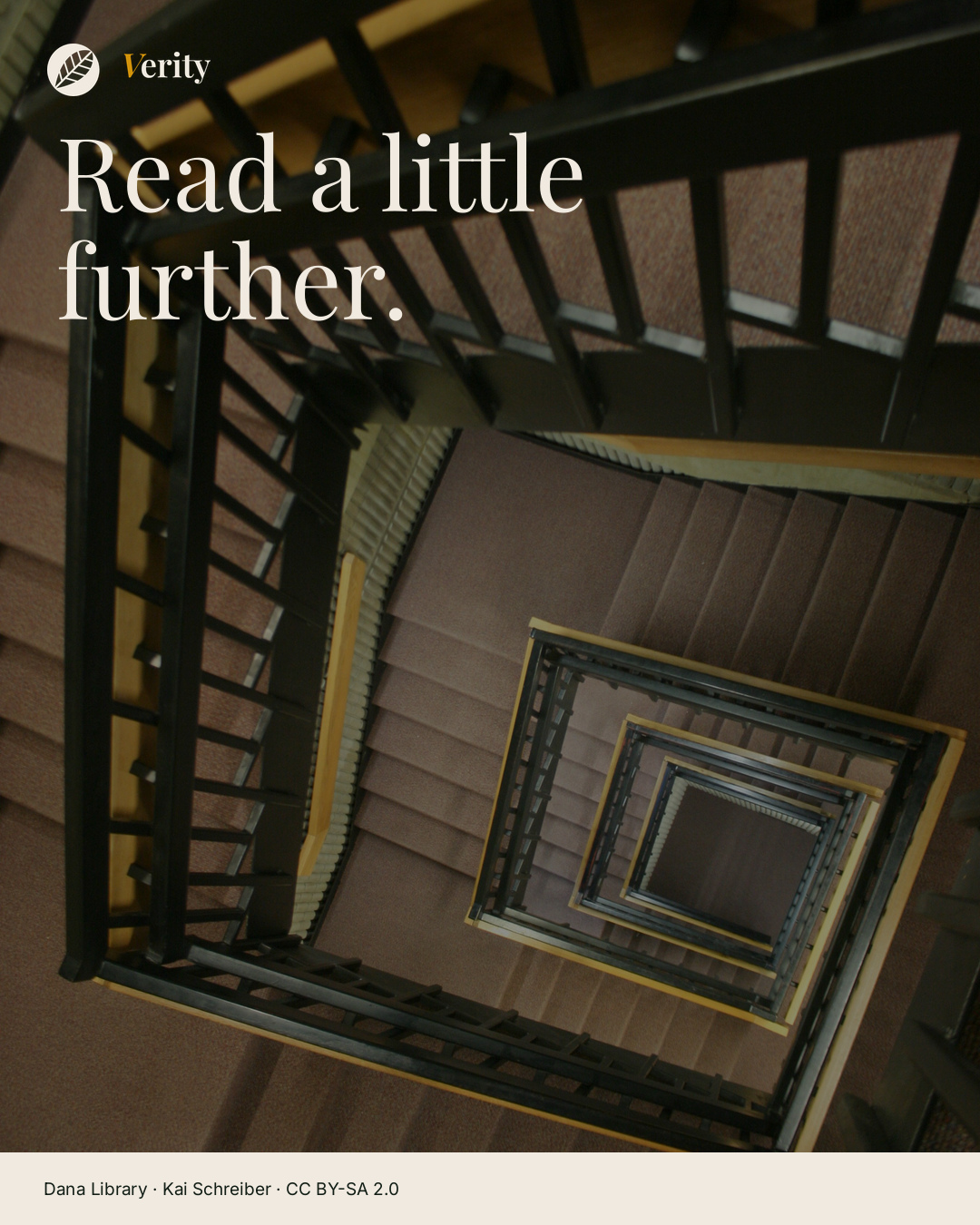 Looking down a real stairwell at Rutgers–Newark’s Dana Library. The headline reads Read a little further.