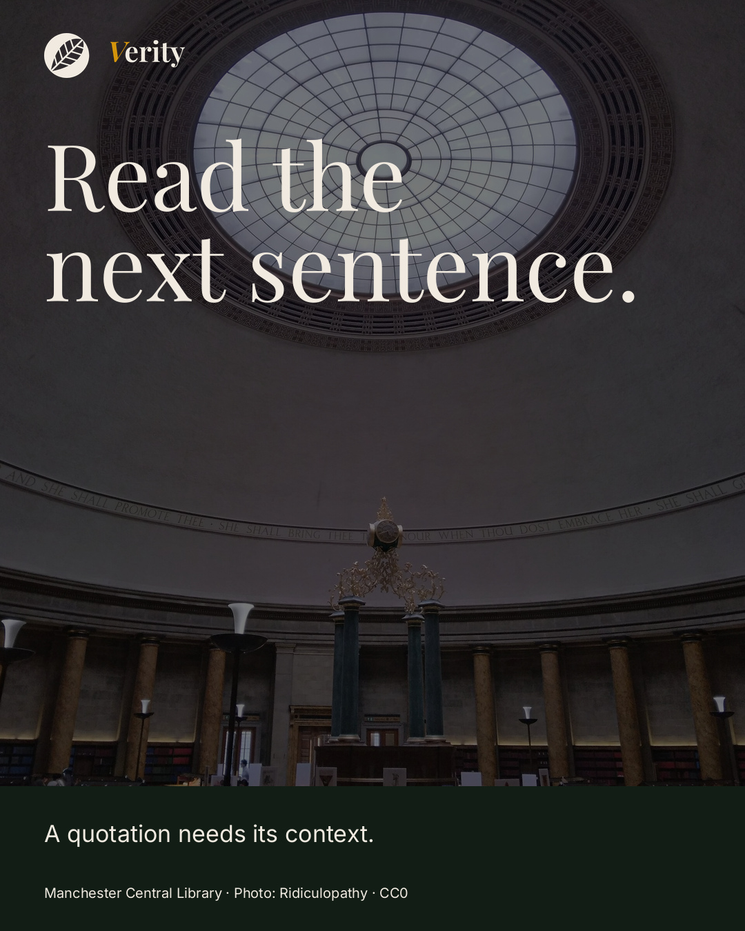 Read the next sentence. A photograph of Manchester Central Library’s Wolfson Reading Room.